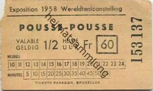 Belgien - Exposition de Bruxelles EXPO 58 - Pousse-Pousse Rickscha - gelding 1/2 Uur - Fahrkarte 1958