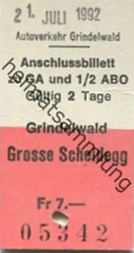 Schweiz - Autoverkehr Grindelwald - Anschlussbillet zu GA und 1/2 ABO - Grindelwald Grosse Scheidegg - Fahrkarte 1992