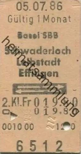 Schweiz - Basel SBB Schwaderloch Leibstadt Effingen und zurück - Fahrkarte 1986