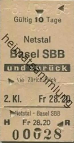 Schweiz - Netstal Basel SBB und zurück via Zürich Frick - Fahrkarte 1965