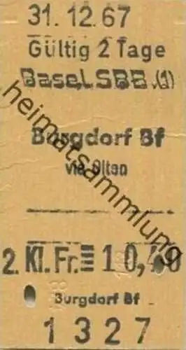 Schweiz - Basel SBB Burgdorf Bf via Olten - Fahrkarte 1967