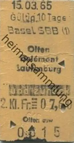 Schweiz - Basel SBB Olten Delemont Laufenburg und zurück - Fahrkarte 1965