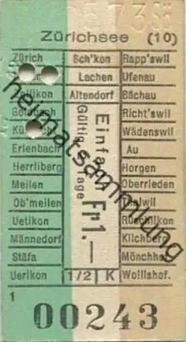 Schweiz - Zürichsee - Zürichhorn Küsnacht - Fahrkarte einfach 1973