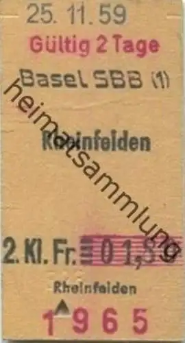 Schweiz - Basel SBB Rheinfelden - Fahrkarte 1959