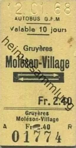 Schweiz - Autobus GFM - Gruyeres Moleson-Village und zurück - Fahrkarte 1968