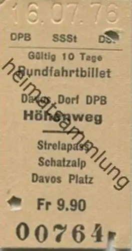 Schweiz - Rundfahrtbillet DPB SSSt DSB - Davos Dorf Höhenweg Strelapass Schatzalp Davos Platz - Fahrkarte 1976