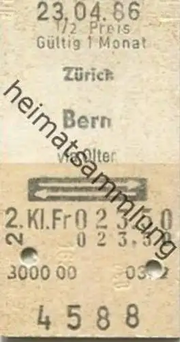 Schweiz - Zürich Bern via Olten und zurück - Fahrkarte 1/2 Preis 1986