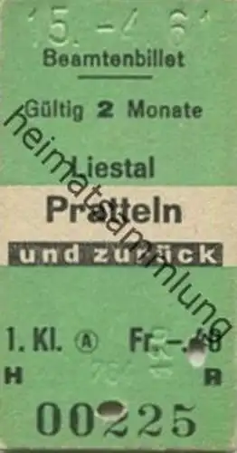 Schweiz - Beamtenbillet - Liestal Pratteln und zurück - Fahrkarte 1. Klasse 1961
