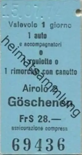 Schweiz - Airolo Göschenen - 1 auto e accompagnatori 1 roulotte 1 rimorchio con canotto - Fahrkarte 1974