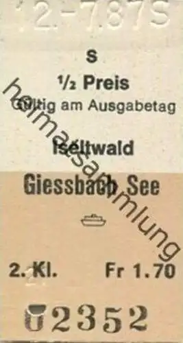 Schweiz - Iseltwald Giessbach See - Fahrkarte 1/2 Preis 2. Klasse 1987
