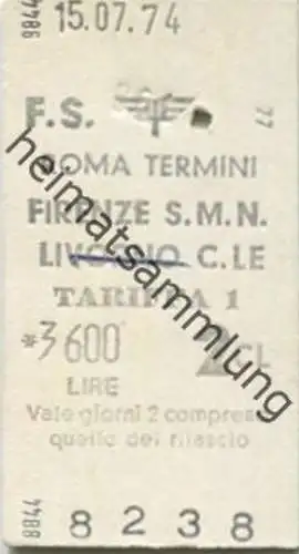 Italien - F.S. Roma Termini Firenze S.M.N. - Biglietto Fahrkarte 1974 2. Cl.