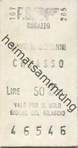 Italien - F.S. Como S. Giovanni Chiasso - Ragazzo Biglietto 1966 - Kinder Fahrkarte 1966 2. Cl.