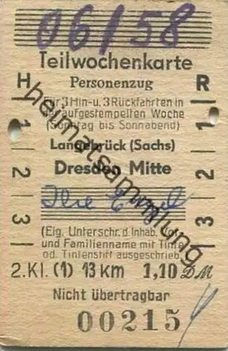 Deutschland - Teilwochenkarte für 3 Hin- und Rückfahrten Langebrück (Sachsen) Dresden Mitte - Fahrkarte 1958 2. Klasse