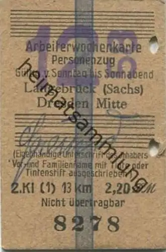 Deutschland - Arbeiterwochenkarte - Langebrück (Sachsen) Dresden Mitte - Fahrkarte 1958 2. Klasse