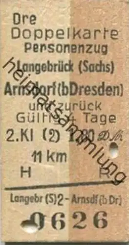 Deutschland - Doppelkarte - Personenzug - Langebrück (Sachsen) Arnsdorf (bei Dresden) - Fahrkarte 1958 2. Klasse 1,80DM
