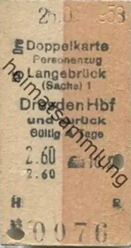 Deutschland - Doppelkarte - Personenzug - Langebrück (Sachsen) Dresden Hbf und zurück - Fahrkarte 1958 2. Klasse