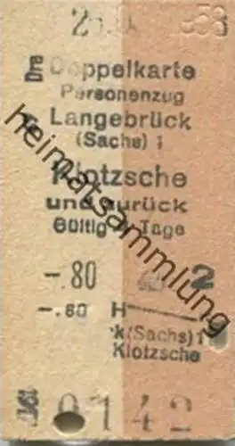 Deutschland - Doppelkarte - Personenzug - Langebrück (Sachsen) Klotzsche und zurück - Fahrkarte 1958 2. Klasse