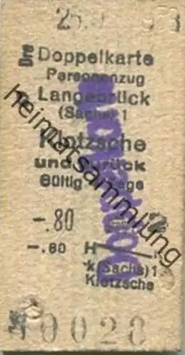 Deutschland - Doppelkarte - Personenzug - Langebrück (Sachsen) Klotzsche und zurück - Fahrkarte 1958 2. Klasse - Stempel