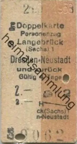 Deutschland - Doppelkarte - Personenzug - Langebrück (Sachsen) Dresden-Neustadt und zurück - Fahrkarte 1958 2. Klasse