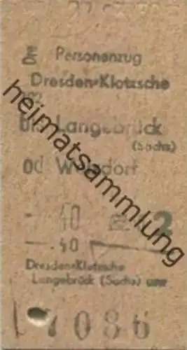 Deutschland - Dresden-Klotzsche bis Langebrück (Sachsen) oder Weuxdorf - Fahrkarte 1958 2. Klasse