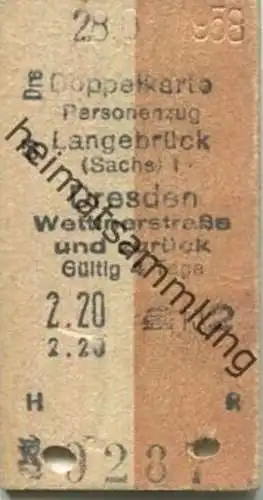 Deutschland - Doppelkarte - Personenzug - Langebrück (Sachsen) Dresden Wettinerstraße und zurück - Fahrkarte 1958 2. Kla