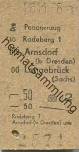 Deutschland - Radeberg bis Arnsdorf (bei Dresden) oder Langebrück (Sachsen) - Fahrkarte 1958 2. Klasse