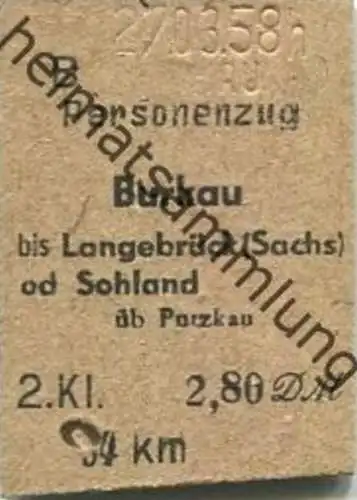 Deutschland - Burkau bis Langebrück (Sachsen) oder Sohland über Putzkau - Fahrkarte 1/2 Preis 2. Klasse 1958