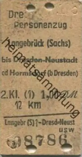 Deutschland - Langebrück bis Dresden-Neustadt oder Hermsdorf (bei Dresden) - Fahrkarte 2. Klasse 1958 1,00 DM