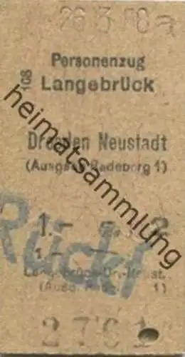 Deutschland - Langebrück Dresden Neustadt - (Ausgabe Radeberg) - Fahrkarte 2. Klasse 1958 - Überdruck Rückfahrt