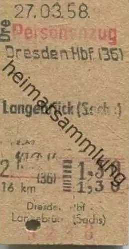 Deutschland - Personenzug Dresden Hbf Langebrück (Sachsen) - Fahrkarte 2. Klasse 1958