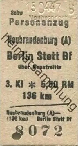 Deutschland - Neubrandenburg Berlin Stettiner Bahnhof über Neustrelitz - Fahrkarte 3. Klasse 1947
