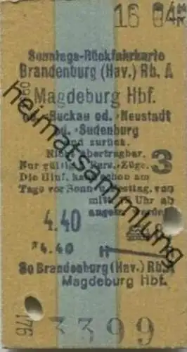 Deutschland - Sonntags-Rückfahrkarte - Brandenburg (Havel) Magdeburg Hbf oder Buckau oder Neustadt oder Sudenburg - Fahr
