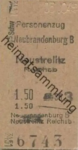 Deutschland - Neubrandenburg Neustrelitz Reichsb - Fahrkarte 1945 3. Klasse