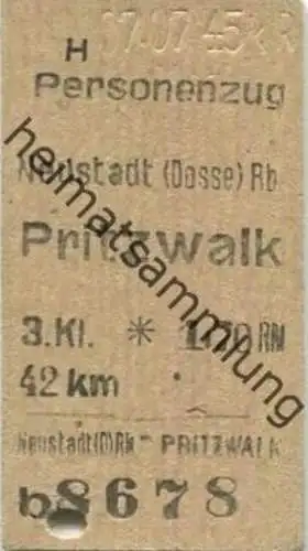 Deutschland - Neustadt (Dosse) Pritzwalk - Fahrkarte 1945 3. Klasse