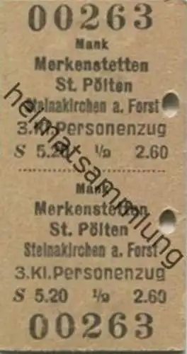 Österreich - Mank Merkenstetten St. Pölten Steinakirchen am Forst - Fahrkarte 1949 3. Klasse Personenzug S 5.20