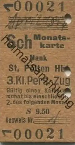 Österreich - Schüler-Monatskarte - Mank St. Pölten Hbf - Fahrkarte 1947 3. Klasse Personenzug S 9.50