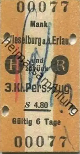 Österreich - Mank Wieselburg an der Erlauf und zurück - Fahrkarte 1949 3. Klasse Personenzug S 4.80