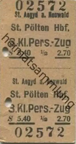 Österreich - St. Aegyd am Neuwald St. Pölten Hbf - Fahrkarte 1949 3. Klasse Personenzug S 5.40
