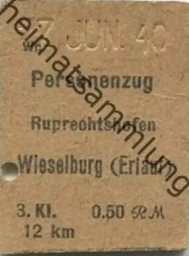 Österreich - Ruprechtshofen Wieselburg (Erlauf) - Fahrkarte 1940 3. Klasse 1/2 Preis 0.50RM