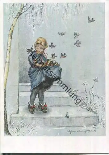 Fütterung - Mädchen - Vögel - Karl-Kühnle-Postkarte 24 - Karl Rohm Verlag Lorch 30er Jahre