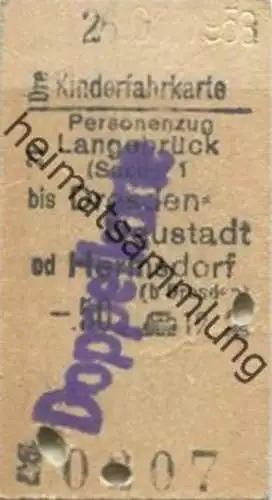 Deutschland - Kinderfahrkarte - Langebrück bis Dresden-Neustadt oder Hermsdorf - Fahrkarte 1958 - Überdruck Doppelkarte