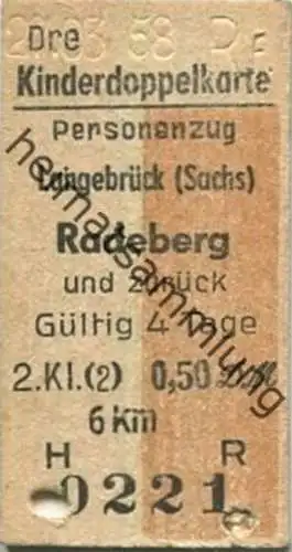 Deutschland - Kinderdoppelkarte - Langebrück - Radeberg und zurück - Fahrkarte 1958 - rückseitiger Vermerk "Hund"