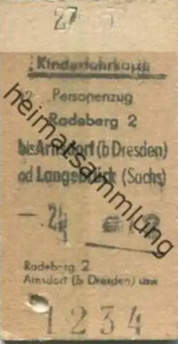 Deutschland - Kinderfahrkarte - Radeberg bis Arnsdorf oder Langebrück - Fahrkarte 1958