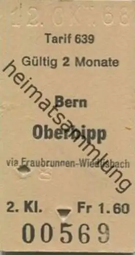 Schweiz - Tarif 639 - Bern Oberbipp via Fraubrunnen-Wiedlisbach - Fahrkarte 1968