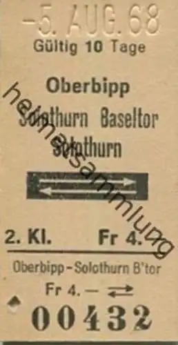 Schweiz - Oberbipp Solothurn Baseltor Solothurn und zurück - Fahrkarte 1968