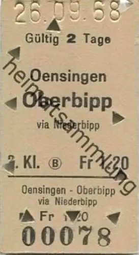 Schweiz - Oensingen Oberbipp via Niederbipp - Fahrkarte 1968