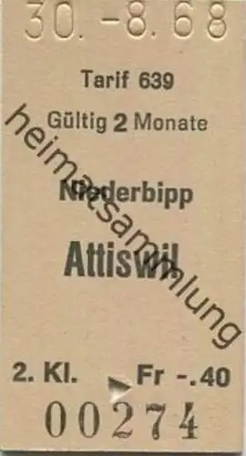Schweiz - Tarif 639 - Niederbipp Attiswil - Fahrkarte 1968