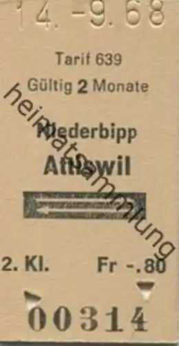 Schweiz - Tarif 639 - Niederbipp Attiswil und zurück - Fahrkarte 1968