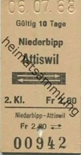 Schweiz - Niederbipp Attiswil und zurück - Fahrkarte 1968