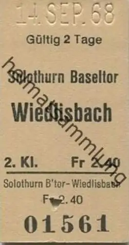 Schweiz - Solothurn Baseltor Wiedlisbach - Fahrkarte 1968